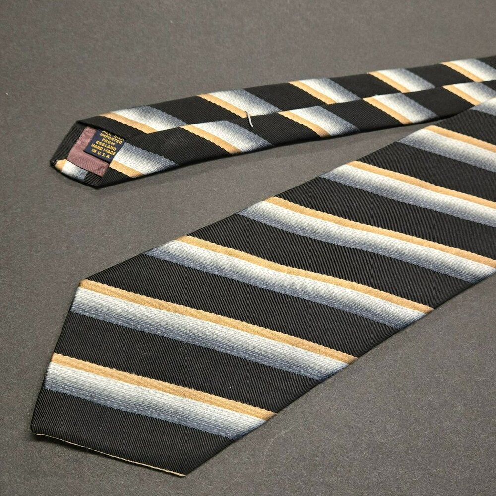 XMI Platinum Handmade Silk Tie Black Tan & Blue Stripes 64" Long 3.75" Wide